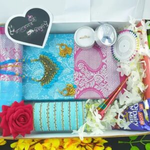 Sky Blue Katan Shari Combo – আকাশী কাতান শাড়ি সেট নেকলেস ও চুড়ি সহ